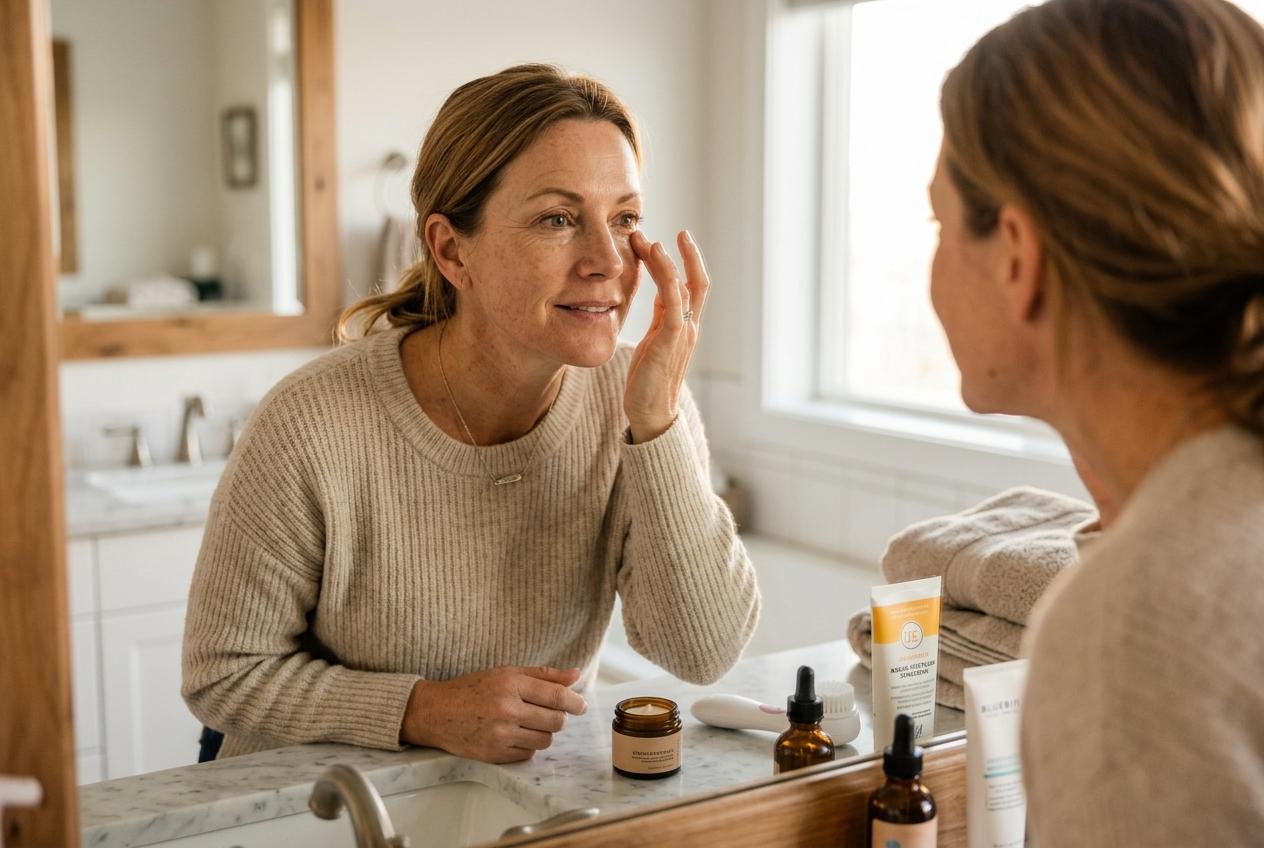 Adult applying skincare product near eye while looking in bathroom mirror, with several skincare bottles and tubes on the counter.
