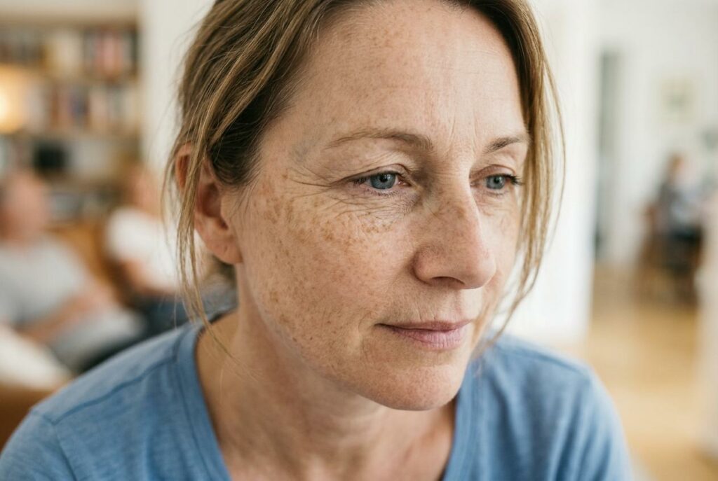 Close-up of a middle-aged adult with freckles and blue eyes gazing slightly off-camera, with a calm expression, indoors.