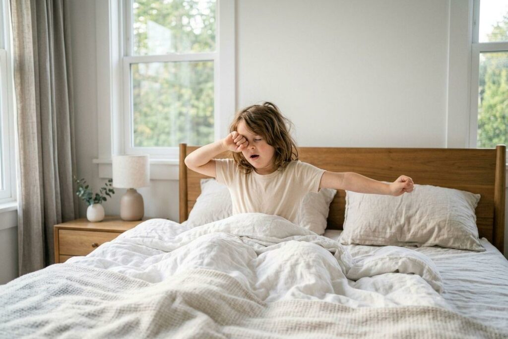 Child sitting up in bed, yawning and rubbing one eye while stretching an arm, in a bright bedroom.