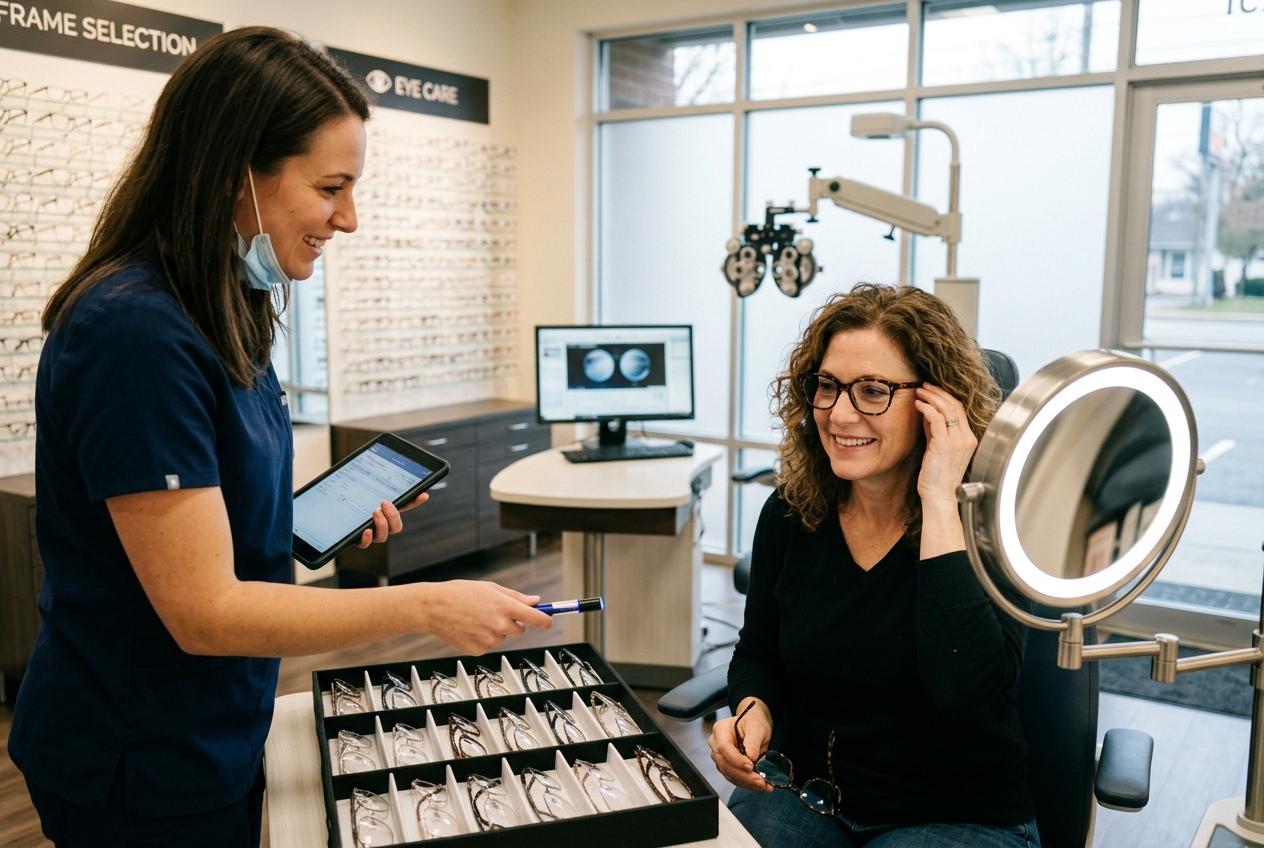 Optician with tablet helps a smiling woman trying on glasses at a tray of frames in an eye care office.