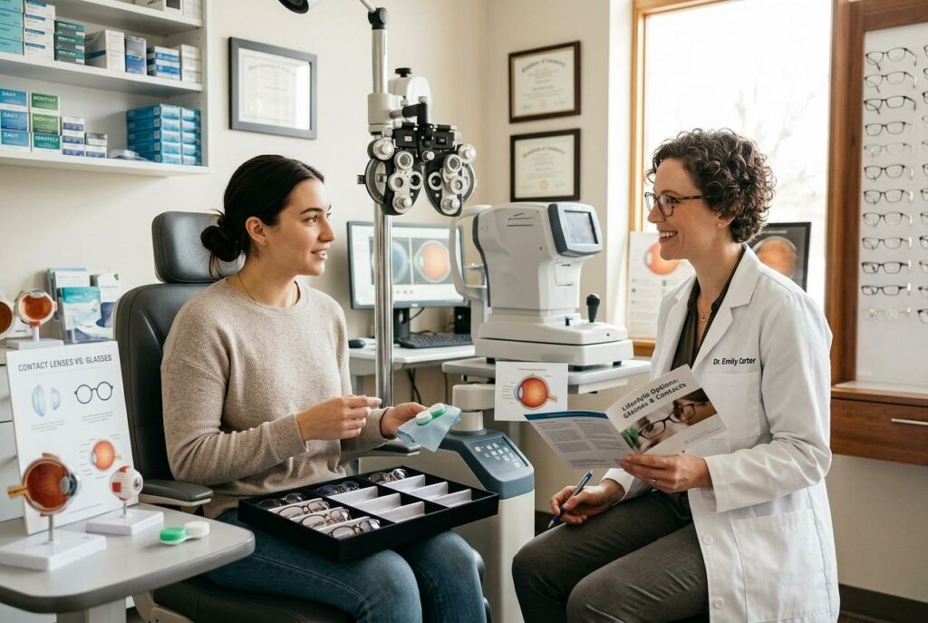 Optometrist holding a brochure talks with a seated patient holding contact lenses in an eye exam room with eyewear displays.