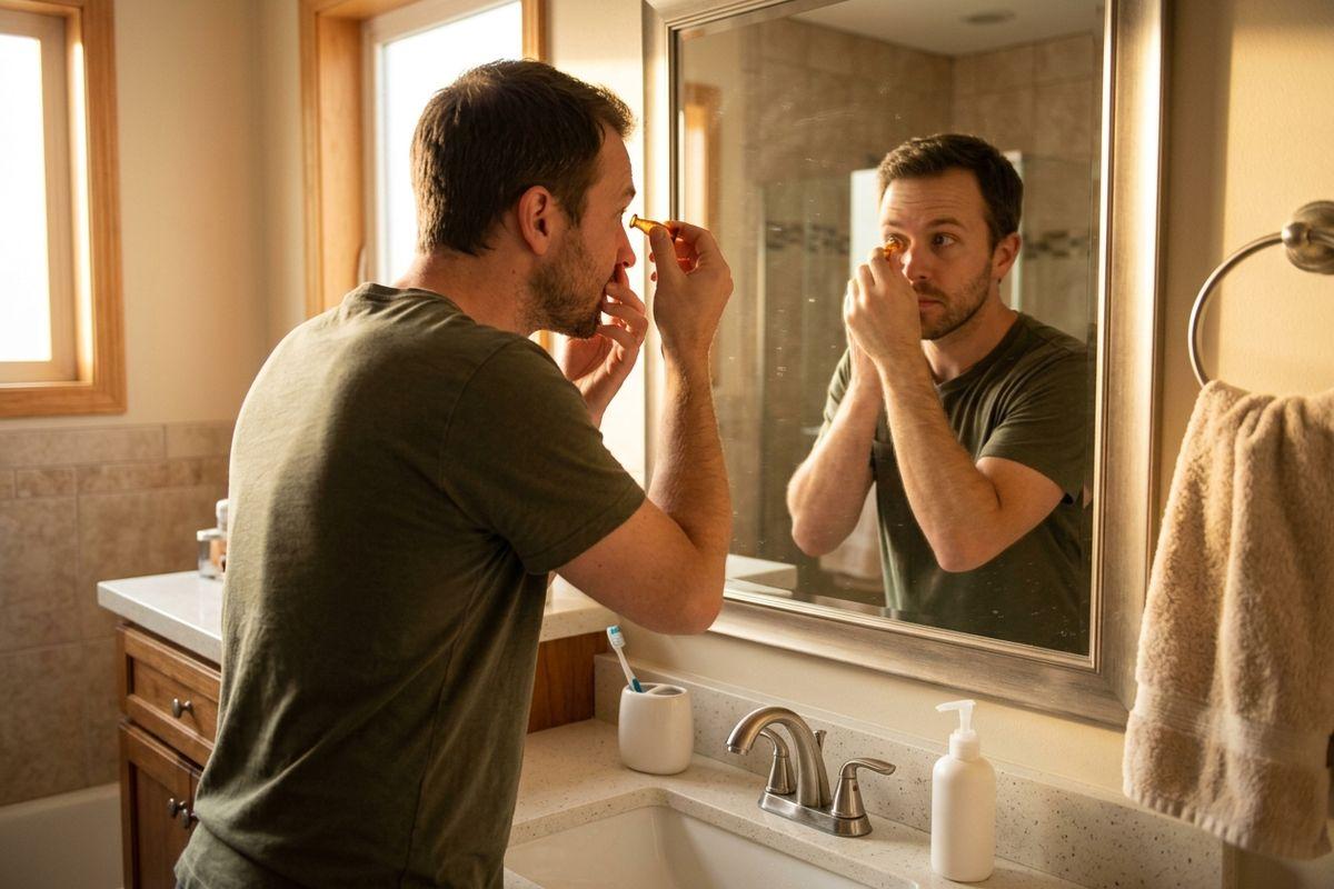 Adult in a green T-shirt standing at a bathroom sink, applying a small applicator to one nostril while looking in the mirror.