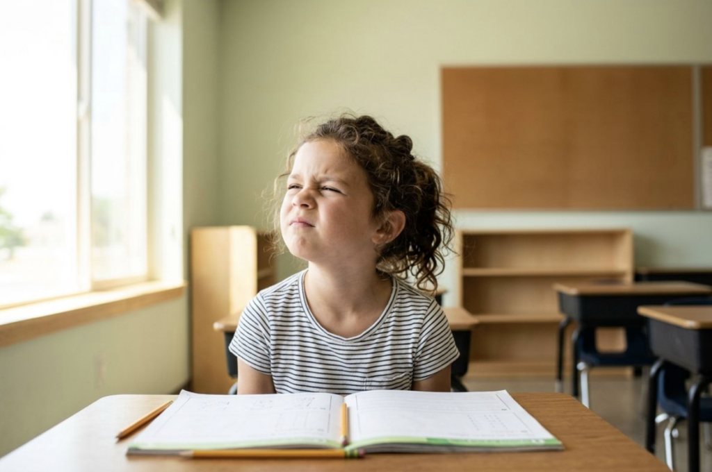 Child sitting at a classroom desk with an open workbook and pencils, squinting and grimacing while looking to the side.