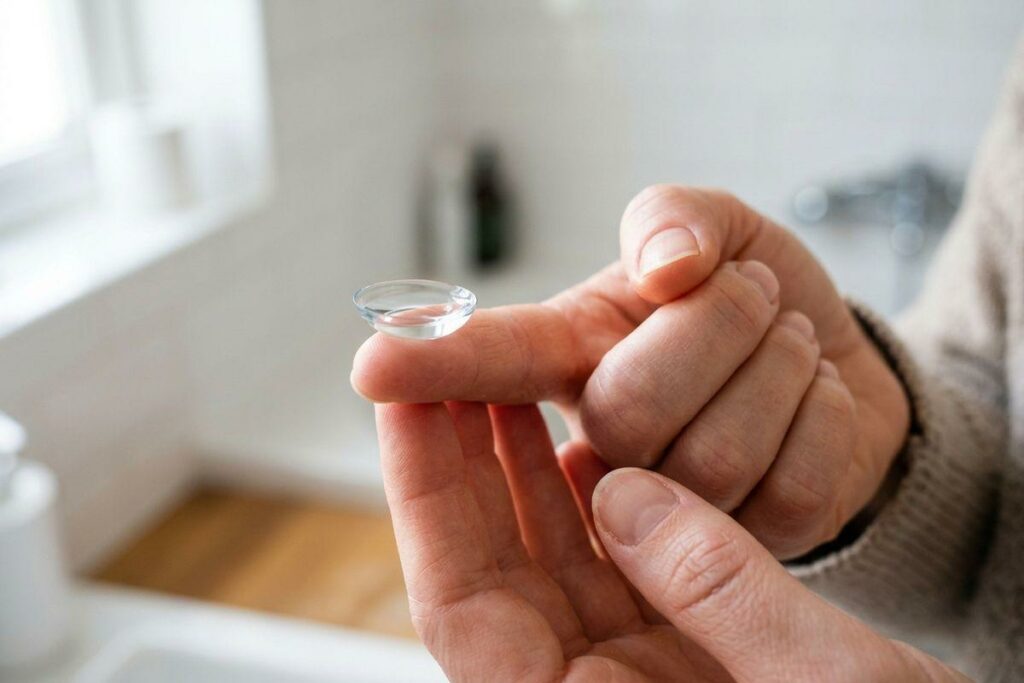 Close-up of a person's hands balancing a clear contact lens on a fingertip in a bathroom.