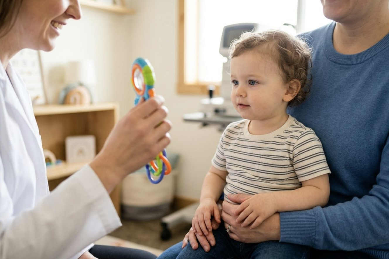 Optometrist smiling and holding a colorful toy in front of a toddler seated on an adult's lap in an exam room with vision equipment.