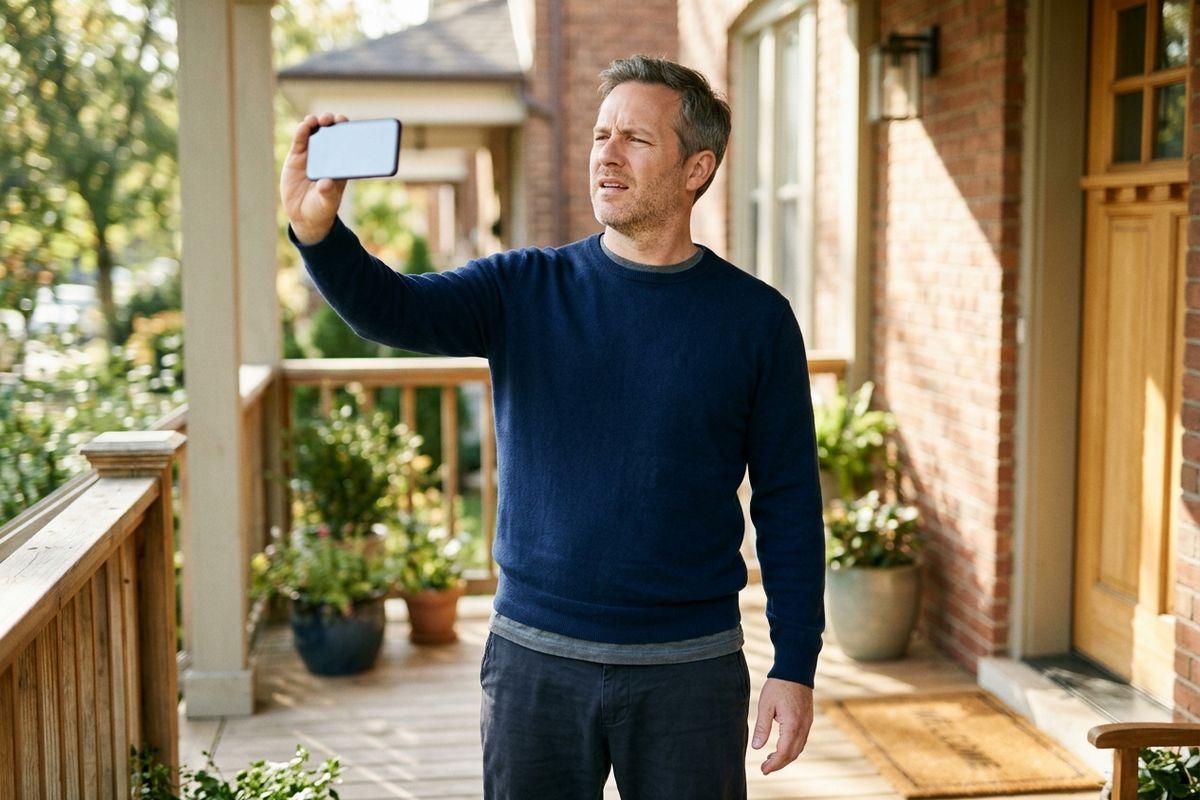 Adult in a navy sweater standing on a porch, holding a phone up at arm's length and squinting at the screen.