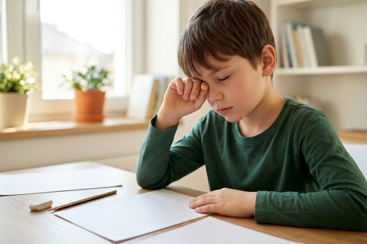 Child in a green shirt rubbing one eye while sitting at a desk with lined paper, pencil and eraser near a bright window.