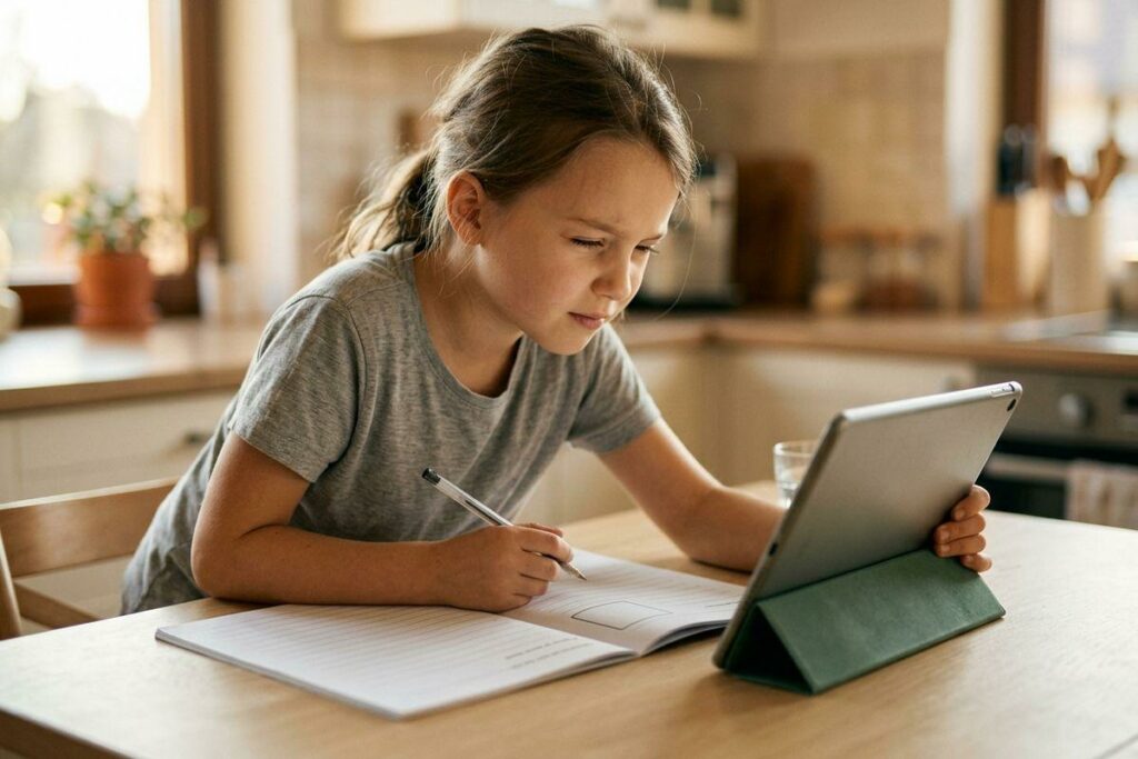 Child sitting at a kitchen table, looking at a tablet with a focused expression while holding a pen over an open notebook.