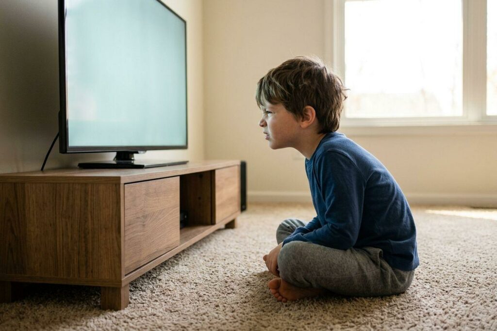 Child sitting cross-legged on carpet close to a television on a wooden stand, leaning forward and squinting at the screen.